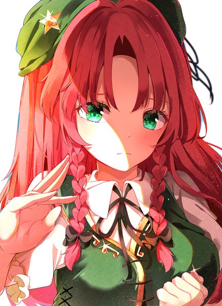 Anime picture 4112x5657 with touhou hong meiling hunya single long hair tall image blush highres simple background white background green eyes looking away absurdres upper body red hair braid (braids) sparkle twin braids shaded face girl