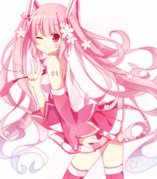 Anime picture 879x1000 with vocaloid hatsune miku sakura miku abandon ranka single long hair tall image looking at viewer blush fringe smile hair between eyes twintails bare shoulders pink hair one eye closed pink eyes hair flower wink leaning