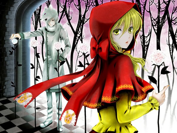 Anime picture 1050x788 with little red riding hood little red riding hood (character) red eyes silver hair looking back couple checkered floor girl boy flower (flowers) plant (plants) tree (trees) hood mask wolf