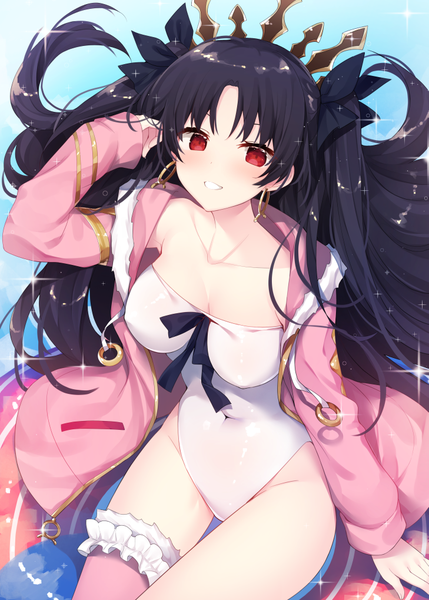 Anime picture 729x1019 with fate (series) fate/grand order ishtar (fate) ishtar (swimsuit rider) (fate) miko (royal milk) single long hair tall image looking at viewer blush fringe breasts light erotic black hair red eyes large breasts sitting parted lips open jacket sparkle