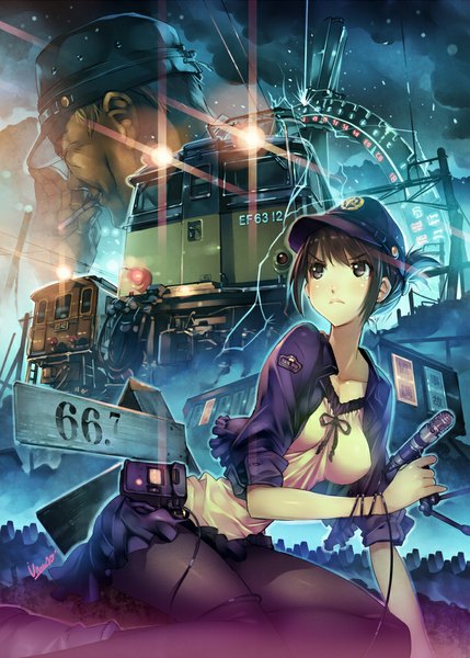 Anime picture 709x992 with original vania600 tall image short hair black hair sitting black eyes smoking girl dress boy skirt microphone peaked cap train