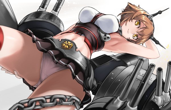 Anime picture 1120x720 with kantai collection mutsu battleship tea (nakenashi) single looking at viewer short hair breasts light erotic brown hair yellow eyes from below looking down hand on head girl thighhighs skirt underwear panties weapon miniskirt