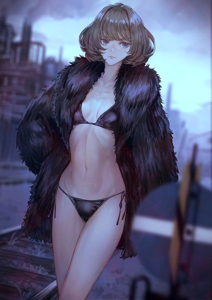 Anime picture 1000x1414 with idolmaster idolmaster cinderella girls takagaki kaede kaoming single tall image fringe short hair breasts blue eyes light erotic brown hair standing looking away outdoors blunt bangs long sleeves blurry open clothes mole