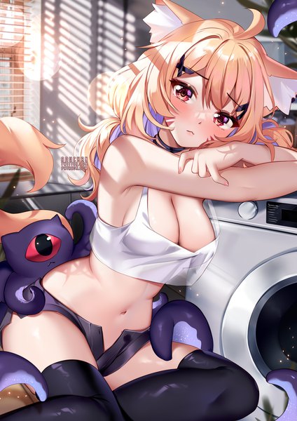 Anime picture 884x1250 with virtual youtuber vyugen shyrei faolan alheitrakzoth squchan single long hair tall image looking at viewer blush fringe breasts light erotic blonde hair hair between eyes red eyes large breasts sitting signed animal ears