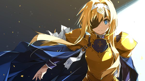 Anime picture 1920x1080 with sword art online sword art online: alicization a-1 pictures alice zuberg shikei single long hair looking at viewer fringe highres blue eyes simple background blonde hair wide image upper body sunlight grey background floating hair outstretched arm girl