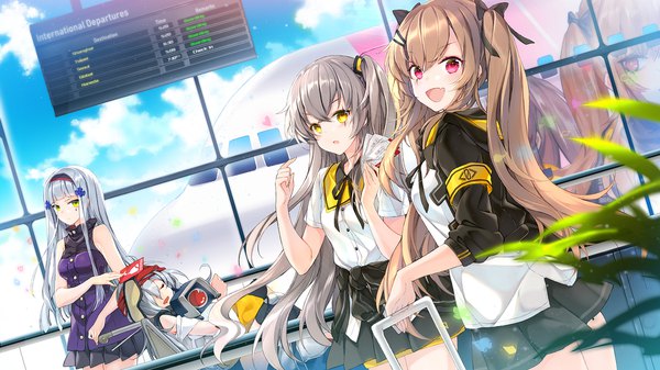 Anime picture 1920x1080 with girls frontline hk416 (girls frontline) ump45 (girls frontline) ump9 (girls frontline) g11 (girls frontline) dinergate (girls frontline) juna long hair looking at viewer blush fringe highres open mouth smile hair between eyes brown hair wide image standing sitting twintails