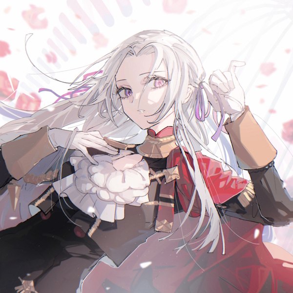 Anime picture 1668x1668 with fire emblem fire emblem: three houses nintendo edelgard von hresvelg linch single long hair looking at viewer fringe hair between eyes purple eyes white hair long sleeves parted lips arms up girl gloves uniform ribbon (ribbons) hair ribbon