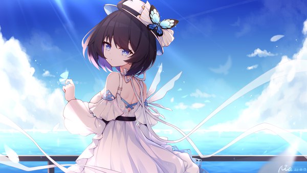 Anime picture 3500x1969 with honkai impact 3rd honkai (series) seele vollerei poinia single looking at viewer fringe highres short hair blue eyes black hair wide image standing signed sky cloud (clouds) ahoge outdoors long sleeves looking back