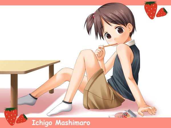 Anime picture 1280x960 with ichigo mashimaro itou chika single short hair brown hair sitting brown eyes loli girl skirt socks