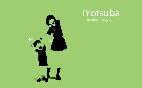 Anime picture 1680x1050 with yotsubato ipod koiwai yotsuba ayase fuuka wide image silhouette green background multicolored