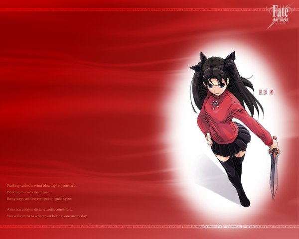 Anime picture 1280x1024 with fate (series) fate/stay night studio deen type-moon toosaka rin single long hair black hair black eyes zettai ryouiki girl thighhighs bow weapon black thighhighs hair bow sword
