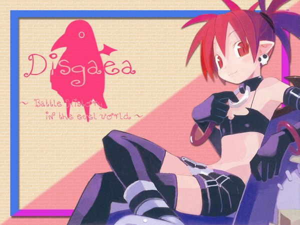 Anime picture 1024x768 with disgaea etna (disgaea) prinny harada takehito single looking at viewer fringe hair between eyes red eyes sitting red hair light smile official art flat chest slit pupils black wings girl thighhighs skirt gloves