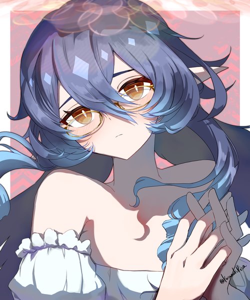 Anime picture 2500x3000 with genshin impact layla (genshin impact) kusunoki  r single long hair tall image fringe highres hair between eyes brown eyes signed blue hair looking away upper body pointy ears twitter username border outside border interlocked fingers bespectacled