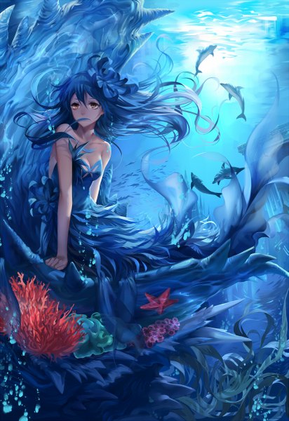 Anime picture 825x1200 with love live! school idol project sunrise (studio) love live! sonoda umi yomi yasou single long hair tall image sitting bare shoulders brown eyes blue hair looking away underwater ruins monsterification girl dress hair ornament animal