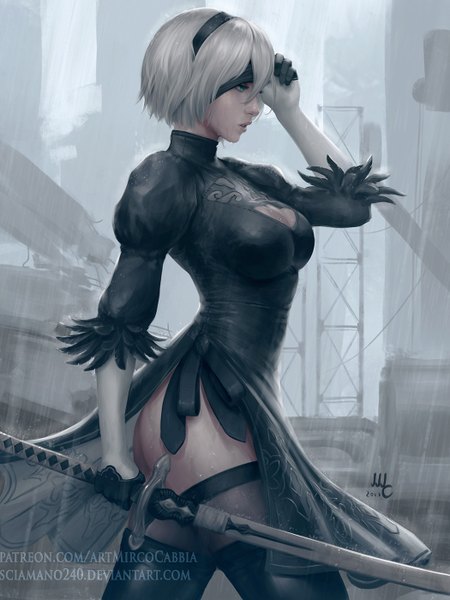 Anime-Bild 1050x1400 mit nier nier:automata yorha no. 2 type b sciamano240 single tall image fringe short hair breasts light erotic hair between eyes standing holding green eyes signed looking away silver hair outdoors one eye closed realistic