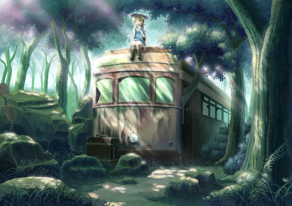 Anime picture 2400x1697 with original psyche3313 single long hair highres red eyes sitting green hair girl plant (plants) hat tree (trees) boots