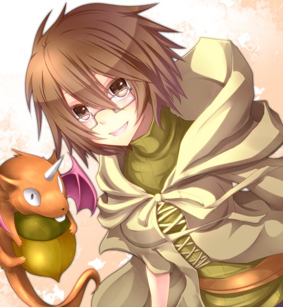 Anime picture 1108x1200 with yu-gi-oh! shintani tsushiya single tall image looking at viewer short hair open mouth brown hair brown eyes girl glasses dragon