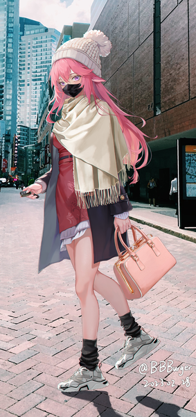 Anime picture 1440x3053 with genshin impact yae miko bbburger single long hair tall image looking at viewer fringe hair between eyes purple eyes signed animal ears pink hair full body outdoors alternate costume twitter username fox ears city dated