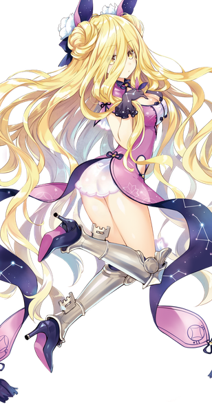 Anime picture 720x1400 with date a live hoshimiya mukuro tsunako single tall image looking at viewer fringe breasts light erotic blonde hair hair between eyes yellow eyes cleavage bent knee (knees) very long hair looking back hair flower open clothes :o short sleeves