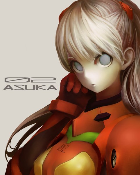 Anime picture 1125x1400 with neon genesis evangelion gainax soryu asuka langley ucmm (artist) single long hair tall image blue eyes simple background silver hair girl bodysuit pilot suit