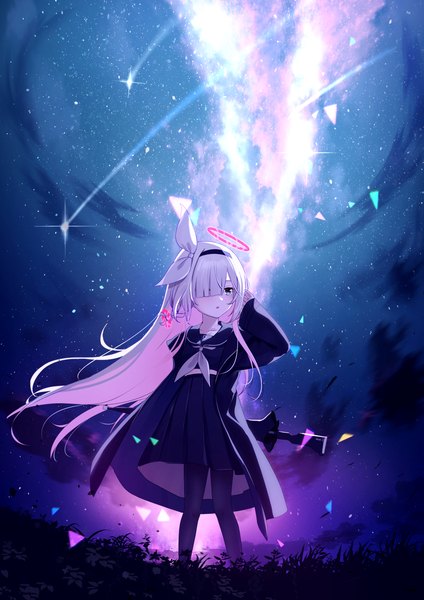 Anime-Bild 1158x1637 mit blue archive plana (blue archive) yan (nicknikg) single long hair tall image fringe standing looking away pink hair silver hair full body outdoors multicolored hair hair over one eye loli adjusting hair colored inner hair landscape shooting star