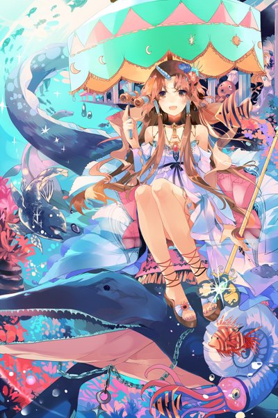 Anime picture 700x1049 with original kirero (pixiv) long hair tall image blush open mouth brown hair twintails bare shoulders brown eyes bent knee (knees) long sleeves wide sleeves teeth fang (fangs) underwater girl dress hair ornament flower (flowers)