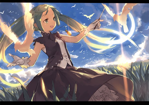 Anime picture 1500x1061 with vocaloid hatsune miku mzt (pixiv) single open mouth standing twintails green eyes sky cloud (clouds) very long hair green hair alternate costume glowing happy flying girl gloves plant (plants) animal