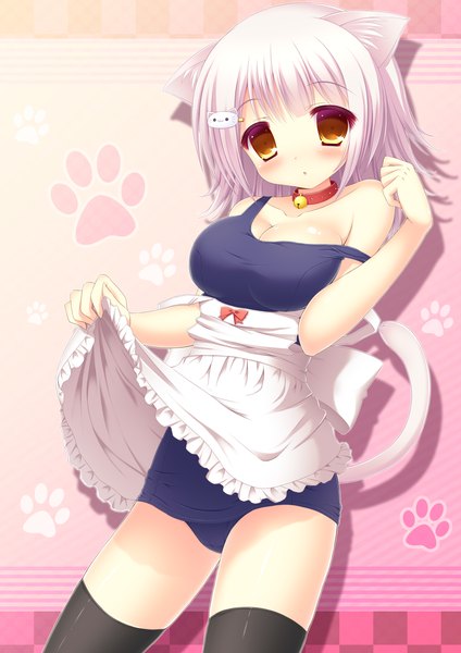 Anime picture 1000x1414 with original taiki ken tall image blush short hair breasts light erotic animal ears white hair cat ears cat girl cat tail orange eyes girl thighhighs black thighhighs swimsuit apron bell collar