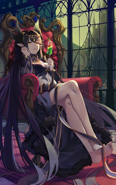 Anime picture 3024x4837 with fate (series) fate/apocrypha semiramis (fate) baisi shaonian single tall image looking at viewer fringe highres breasts open mouth light erotic black hair sitting holding yellow eyes absurdres cleavage full body indoors