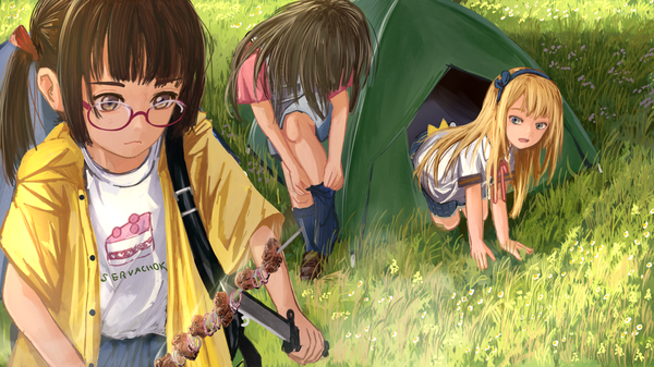 Anime picture 1778x1000 with original servachok long hair fringe highres open mouth blonde hair brown hair wide image multiple girls holding brown eyes signed looking away outdoors blunt bangs from above open clothes grey eyes on all fours