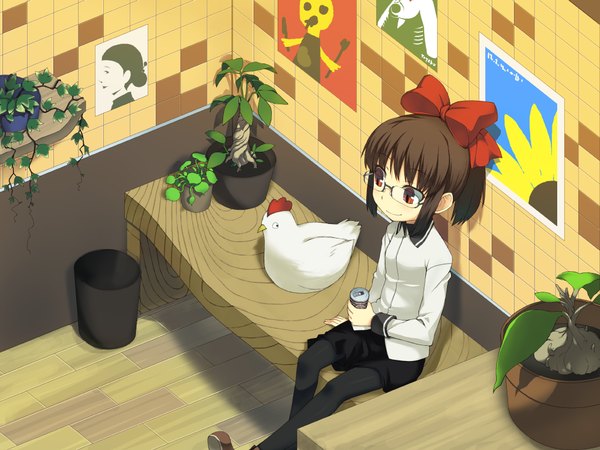 Anime picture 1024x768 with original ikura hato short hair smile red eyes brown hair sitting ponytail girl bow plant (plants) hair bow animal glasses bird (birds) bench tiles picture garbage can