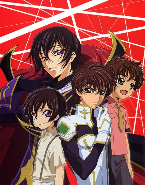 Anime picture 2480x3153 with code geass sunrise (studio) lelouch lamperouge kururugi suzaku sakou yukie tall image looking at viewer fringe highres short hair open mouth black hair simple background smile hair between eyes brown hair standing purple eyes holding green eyes