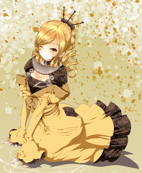 Anime picture 1275x1546 with mahou shoujo madoka magica shaft (studio) tomoe mami yuiyuimoe single tall image simple background blonde hair yellow eyes cleavage drill hair yellow background girl dress hair ornament