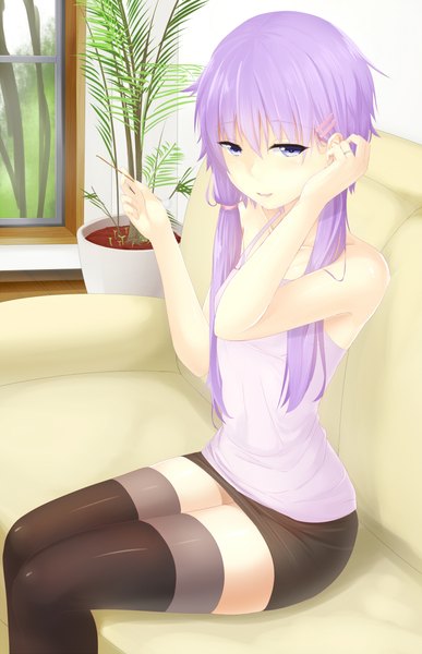 Anime picture 1515x2350 with vocaloid yuzuki yukari abmayo single long hair tall image looking at viewer blush fringe light erotic smile sitting purple eyes twintails bare shoulders holding purple hair bent knee (knees) indoors parted lips