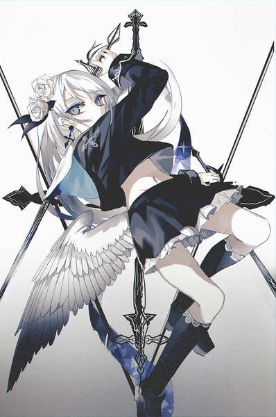 Anime picture 978x1474 with original beckzawachi single long hair tall image looking at viewer fringe simple background hair between eyes holding long sleeves pleated skirt arm up hair flower grey hair midriff grey eyes gradient background angel wings covered mouth
