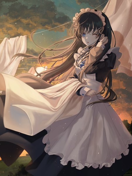 Anime picture 2250x2993 with original ron me s2 single long hair tall image looking at viewer blush fringe highres open mouth blue eyes black hair hair between eyes standing sky cloud (clouds) outdoors long sleeves one eye closed wind