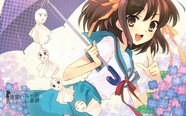 Anime picture 1920x1200 with suzumiya haruhi no yuutsu kyoto animation suzumiya haruhi itou noiji highres wide image official art wallpaper girl uniform flower (flowers) ribbon (ribbons) serafuku umbrella teru teru bozu