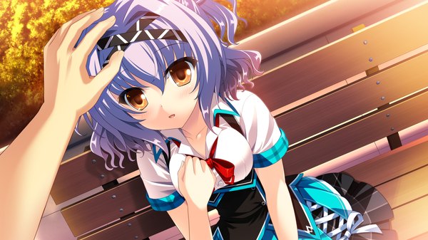 Anime picture 2560x1440 with cocoro@function! shirakusa mebae blush highres short hair wide image brown eyes blue hair game cg girl uniform school uniform hairband