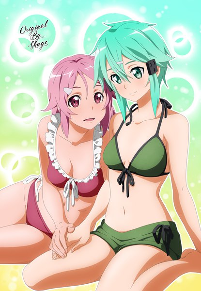 Anime picture 1731x2500 with sword art online a-1 pictures asada shino lisbeth shugo19 tall image fringe highres short hair breasts open mouth light erotic smile hair between eyes sitting multiple girls signed pink hair pink eyes aqua eyes