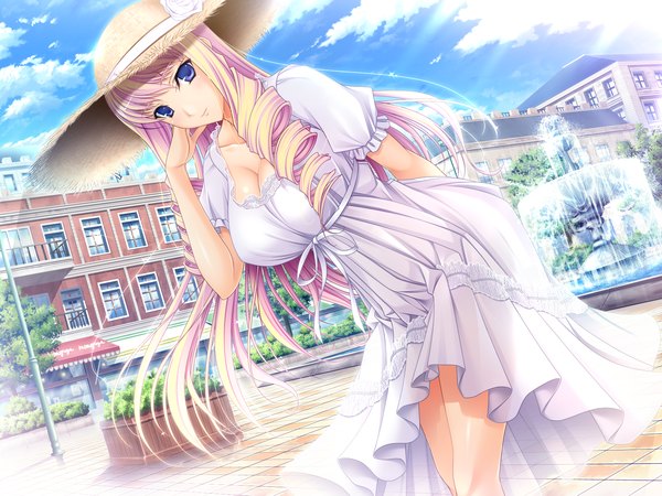 Anime picture 1600x1200 with walkure romanze bertille althusser single long hair looking at viewer blue eyes blonde hair game cg cloud (clouds) drill hair girl dress hat