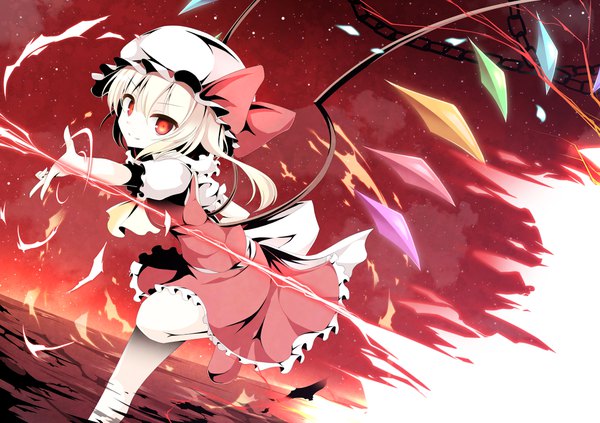 Anime picture 2006x1416 with touhou flandre scarlet aibumi single looking at viewer fringe highres short hair blonde hair smile hair between eyes red eyes sky cloud (clouds) bent knee (knees) outdoors night dutch angle puffy sleeves night sky