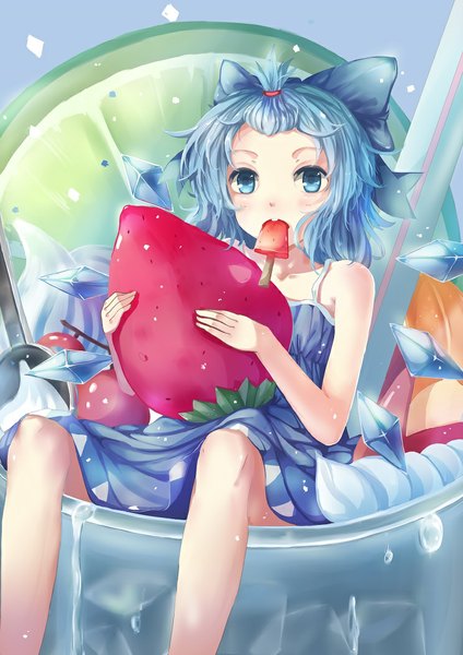 Anime-Bild 744x1053 mit touhou cirno teeth (artist) single tall image looking at viewer short hair blue eyes sitting holding blue hair mouth hold girl dress bow hair bow wings food sweets ice cream