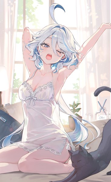 Anime picture 1200x1963 with genshin impact furina (genshin impact) ttosom single long hair tall image looking at viewer blush fringe breasts open mouth blue eyes light erotic hair between eyes sitting cleavage silver hair ahoge one eye closed arms up