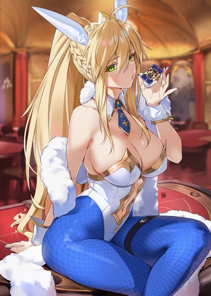 Anime picture 900x1265 with fate (series) fate/grand order artoria pendragon (all) artoria pendragon (swimsuit ruler) (fate) yd (orange maru) single long hair tall image looking at viewer blush fringe breasts light erotic blonde hair hair between eyes large breasts sitting bare shoulders holding green eyes