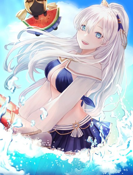 Anime picture 665x875 with fate (series) fate/grand order anastasia (fate) viy (fate) anastasia (swimsuit archer) (fate) seki (sekixview) single long hair tall image fringe breasts open mouth blue eyes light erotic hair between eyes large breasts sky cloud (clouds) white hair ponytail
