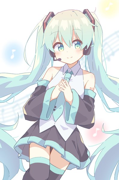 Anime picture 2700x4093 with vocaloid hatsune miku ryoku sui single tall image fringe highres smile hair between eyes twintails very long hair aqua eyes aqua hair girl thighhighs black thighhighs detached sleeves necktie headphones musical note