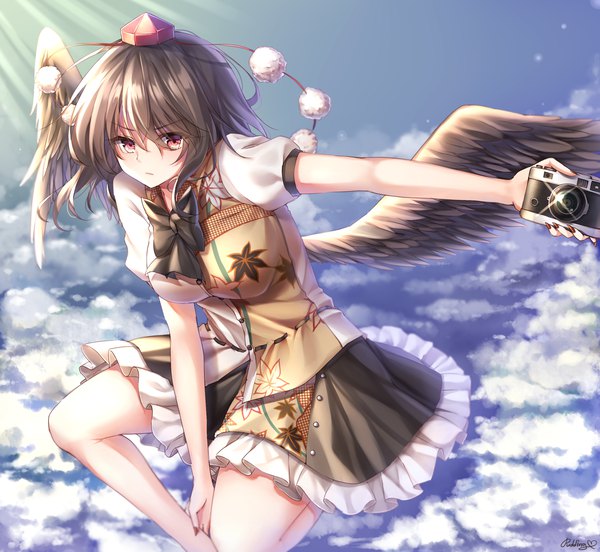 Anime picture 2500x2300 with touhou shameimaru aya pudding (skymint 028) single looking at viewer fringe highres short hair breasts black hair hair between eyes red eyes holding signed sky outdoors nail polish bare legs short sleeves puffy sleeves