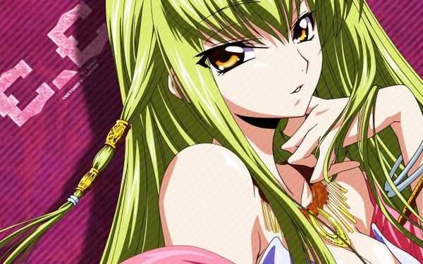 Anime picture 2560x1600 with code geass sunrise (studio) c.c. single long hair looking at viewer fringe highres breasts wide image bare shoulders yellow eyes payot cleavage parted lips green hair girl