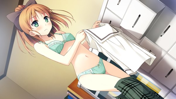 Anime picture 1920x1080 with your diary minagawa yuuhi kantoku single long hair blush highres light erotic brown hair wide image green eyes game cg underwear only girl navel underwear panties bow hair bow lingerie