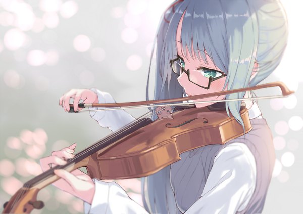 Anime picture 1414x1000 with virtual youtuber .live kagura suzu (.live) jonsun single long hair blush green eyes blue hair looking away from above side ponytail playing instrument girl uniform school uniform glasses musical instrument violin bow (instrument)